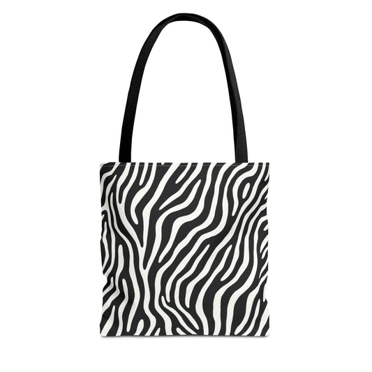 Tote bag with black and white zebra pattern on a white background