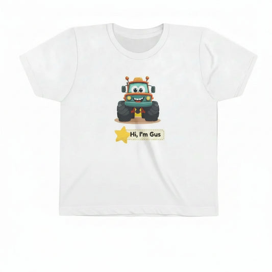 A white short-sleeve crewneck t-shirt featuring a cartoon graphic of a friendly monster truck with the text 'Hi, I'm Gus' and a yellow star on the front.