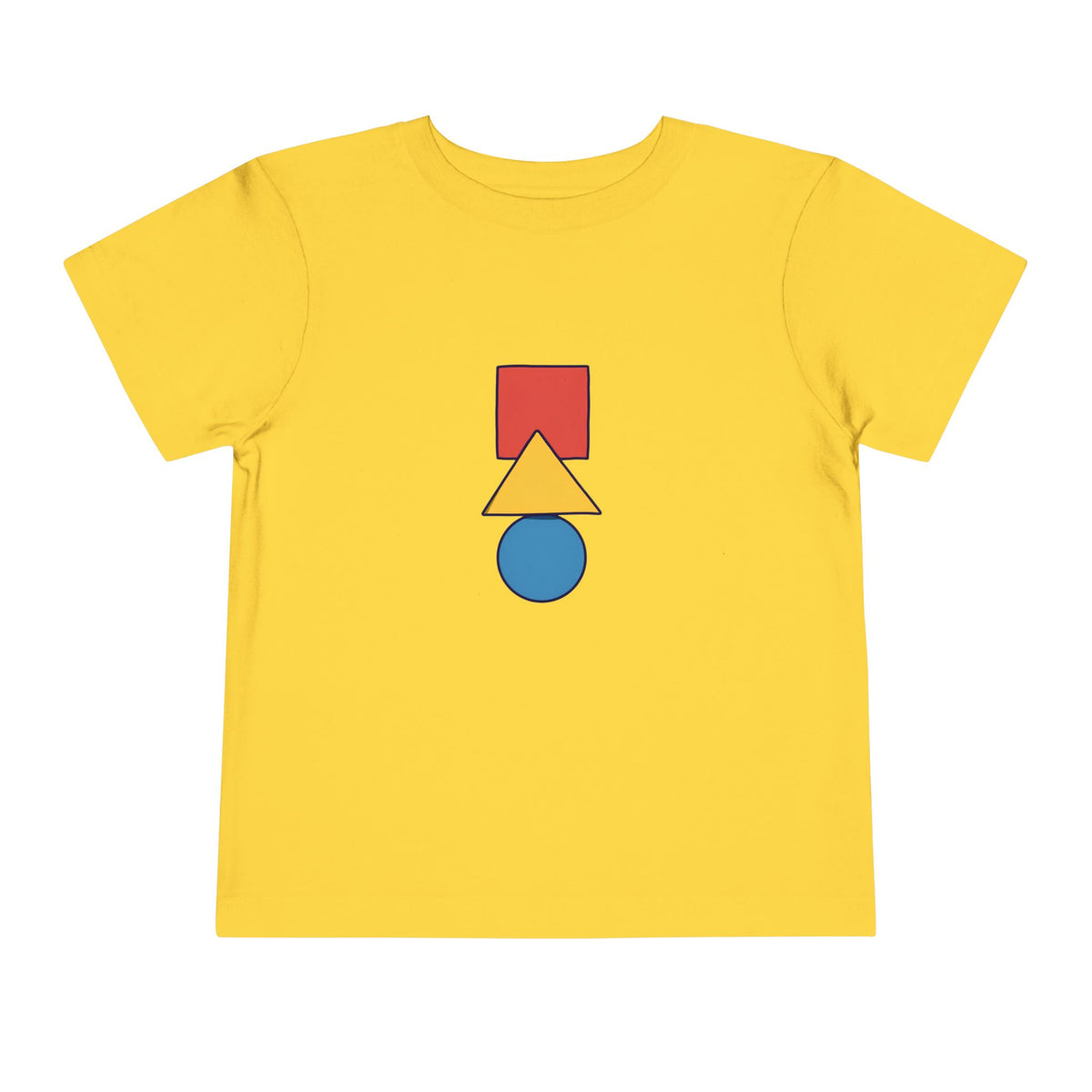 A yellow short-sleeve t-shirt with a central graphic of stacked geometric shapes: a red square, a yellow triangle, and a blue circle, shown on a plain white background.