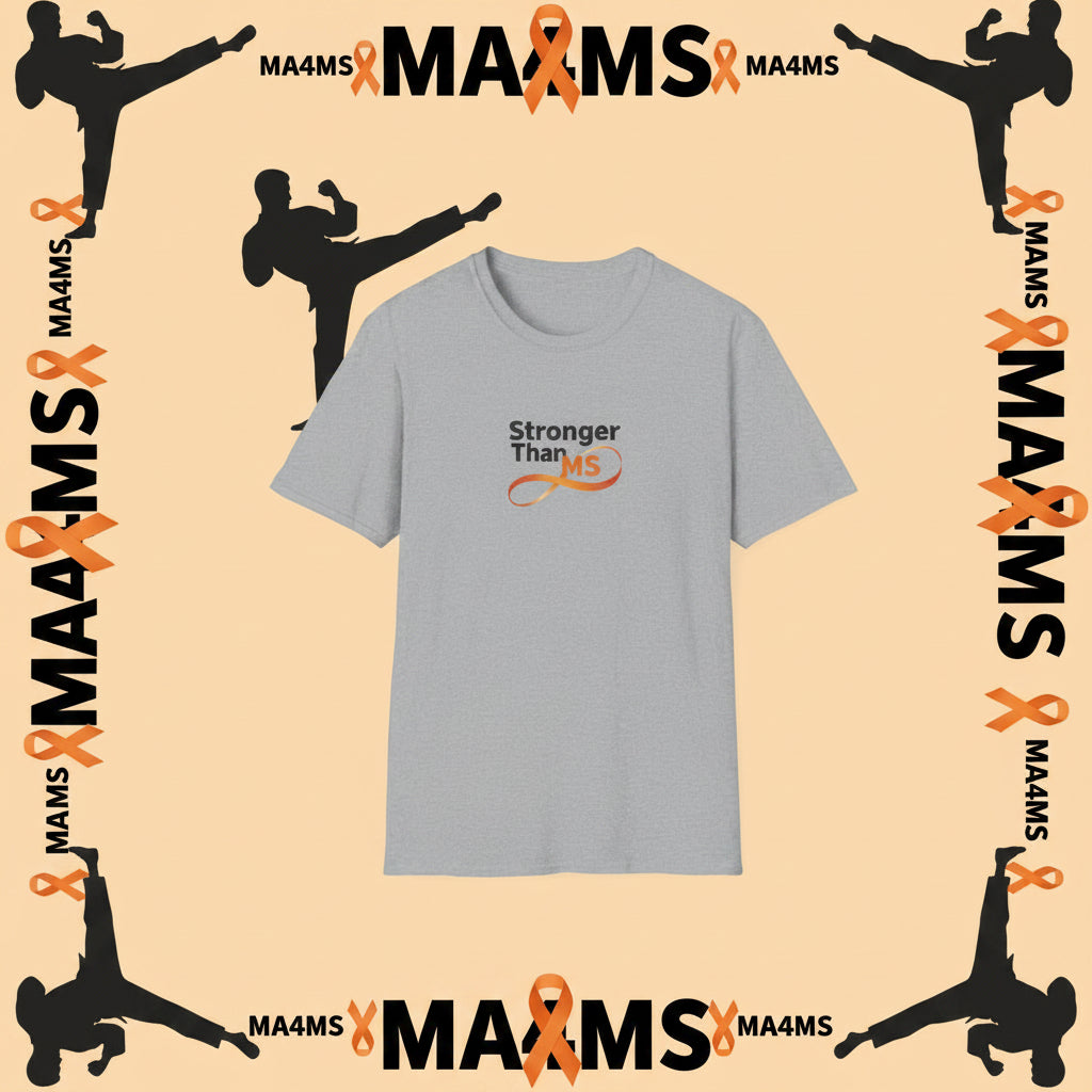 A light gray short-sleeve crewneck t-shirt with a graphic on the chest that reads 'Stronger Than MS' in black and orange text with an infinity symbol.