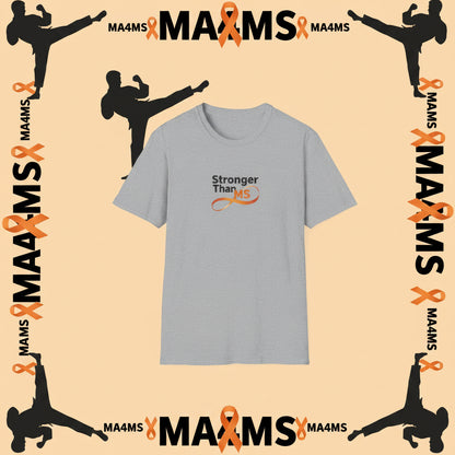 A light gray short-sleeve crewneck t-shirt with a graphic on the chest that reads 'Stronger Than MS' in black and orange text with an infinity symbol.