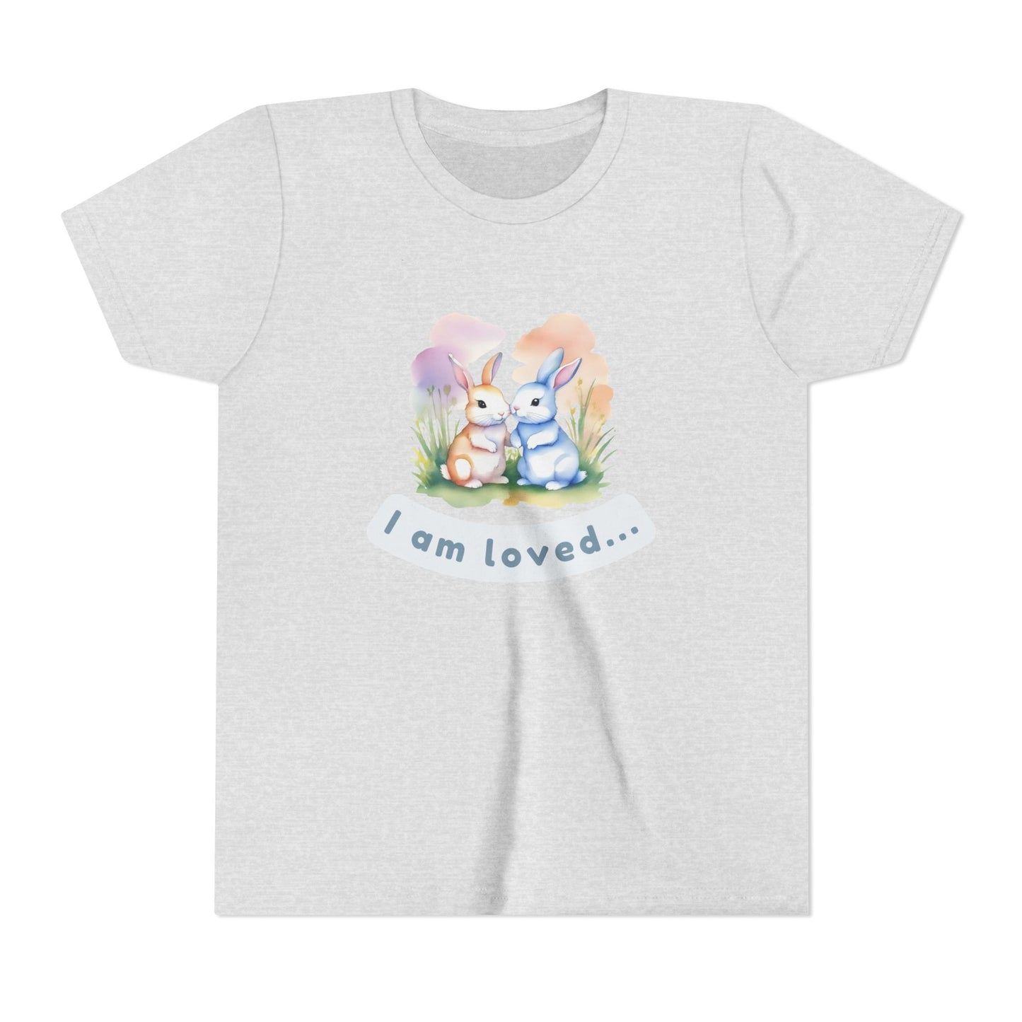 Gray t-shirt with cartoon bunnies and 'I am loved' text on a white background