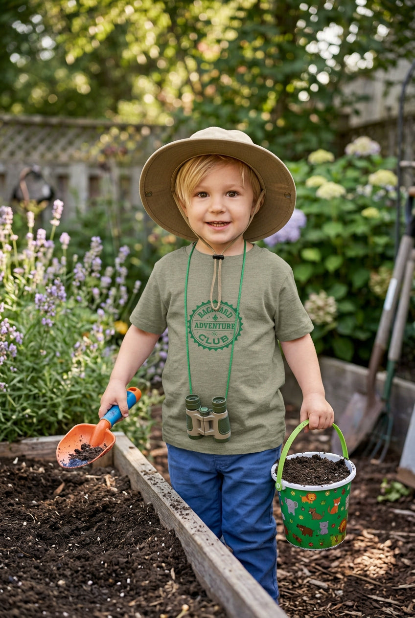 A small boy is on a backyard adventure. His shirt has a badge that says, "Backyard Adventure Club." He wears a hat, a pair of binoculars, and carries a shovel and a little bucket of dirt.