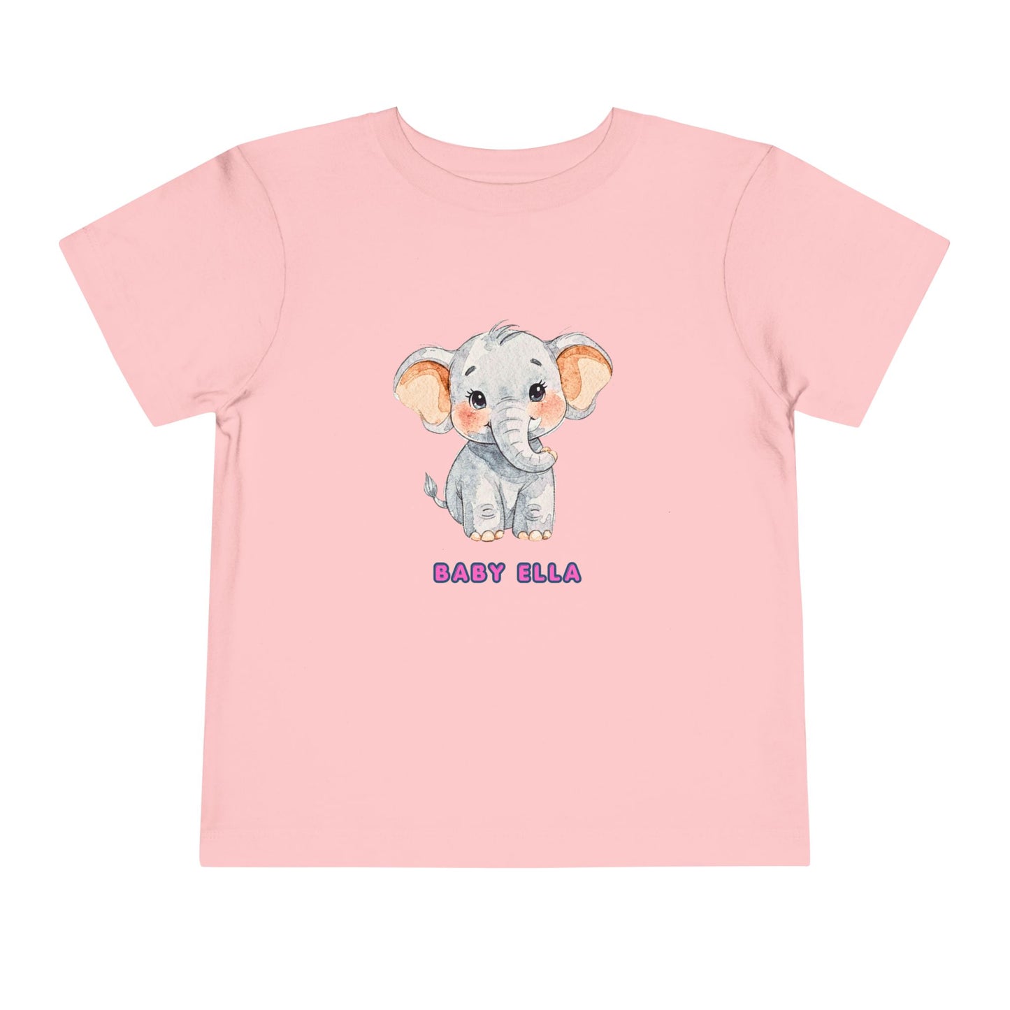 Pink t-shirt with a cartoon elephant and 'Baby Ella' text on a white background