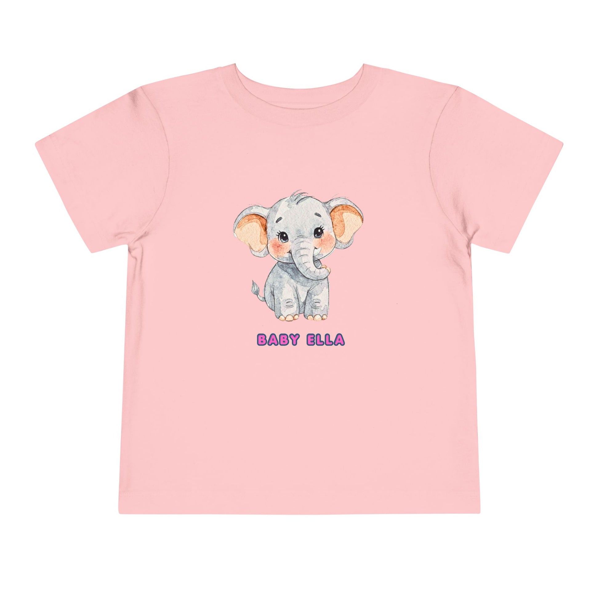 Pink t-shirt with a cartoon elephant and 'Baby Ella' text on a white background