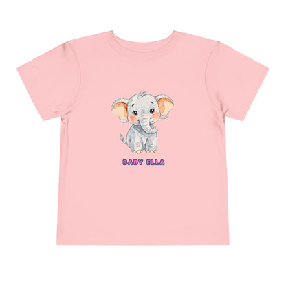Pink t-shirt with a cartoon elephant and 'Baby Ella' text on a white background