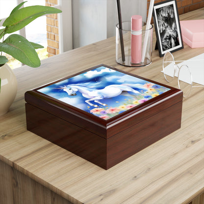 Unicorn Jewelry Box — Magical White Unicorn in Floral Meadow Keepsake Box