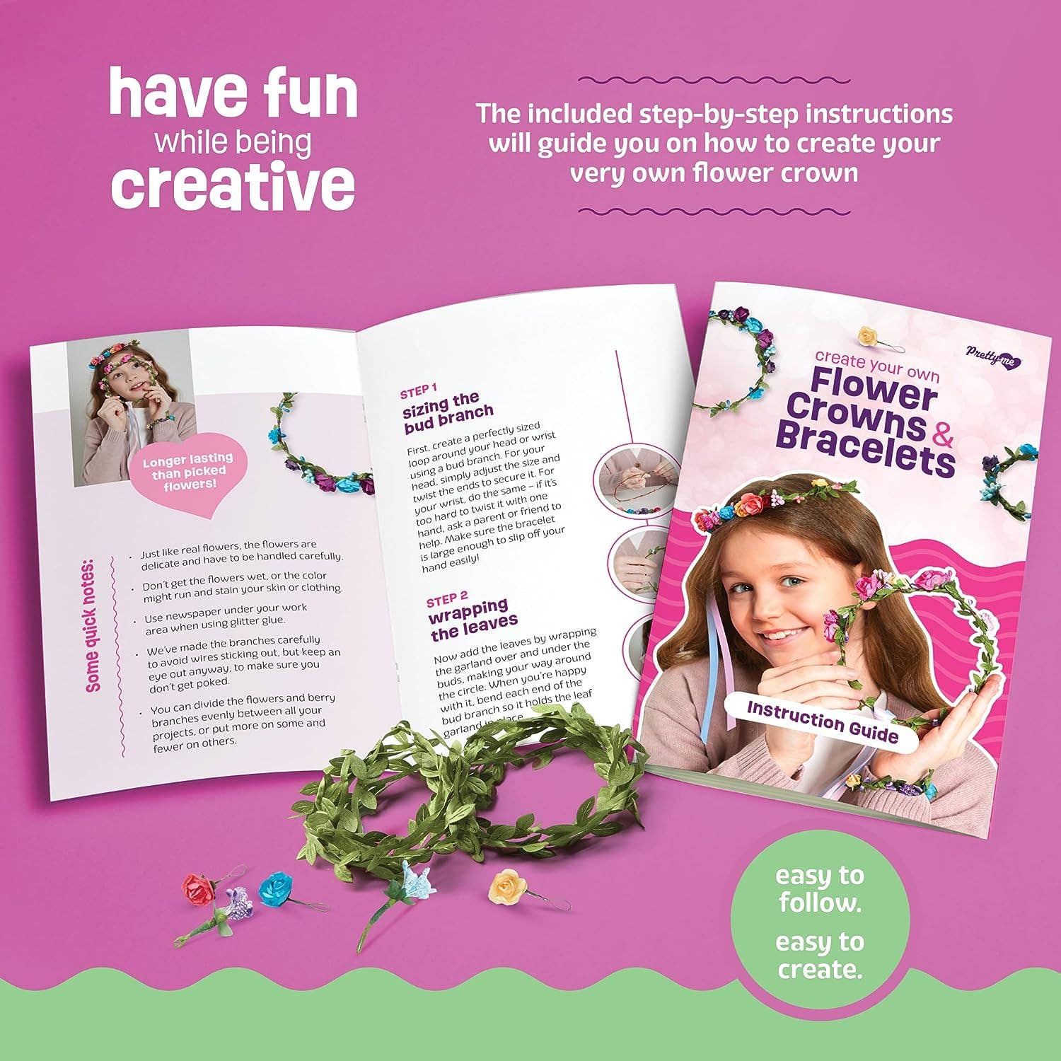 Instruction guide for creating flower crowns and bracelets with step-by-step instructions on a pink background.