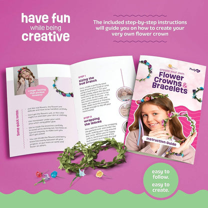 Instruction guide for creating flower crowns and bracelets with step-by-step instructions on a pink background.