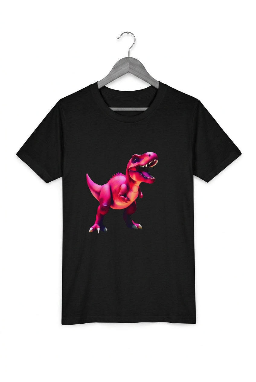 A large magenta dinosaur is feature don a navy tee. Shirt is on a hanger. Malika Bourne Legacy