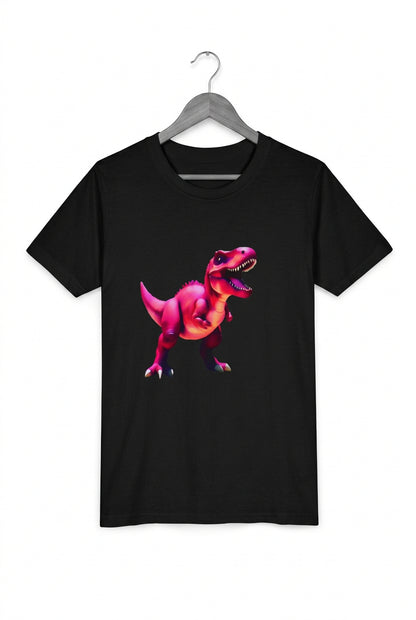 A large magenta dinosaur is feature don a navy tee. Shirt is on a hanger. Malika Bourne Legacy