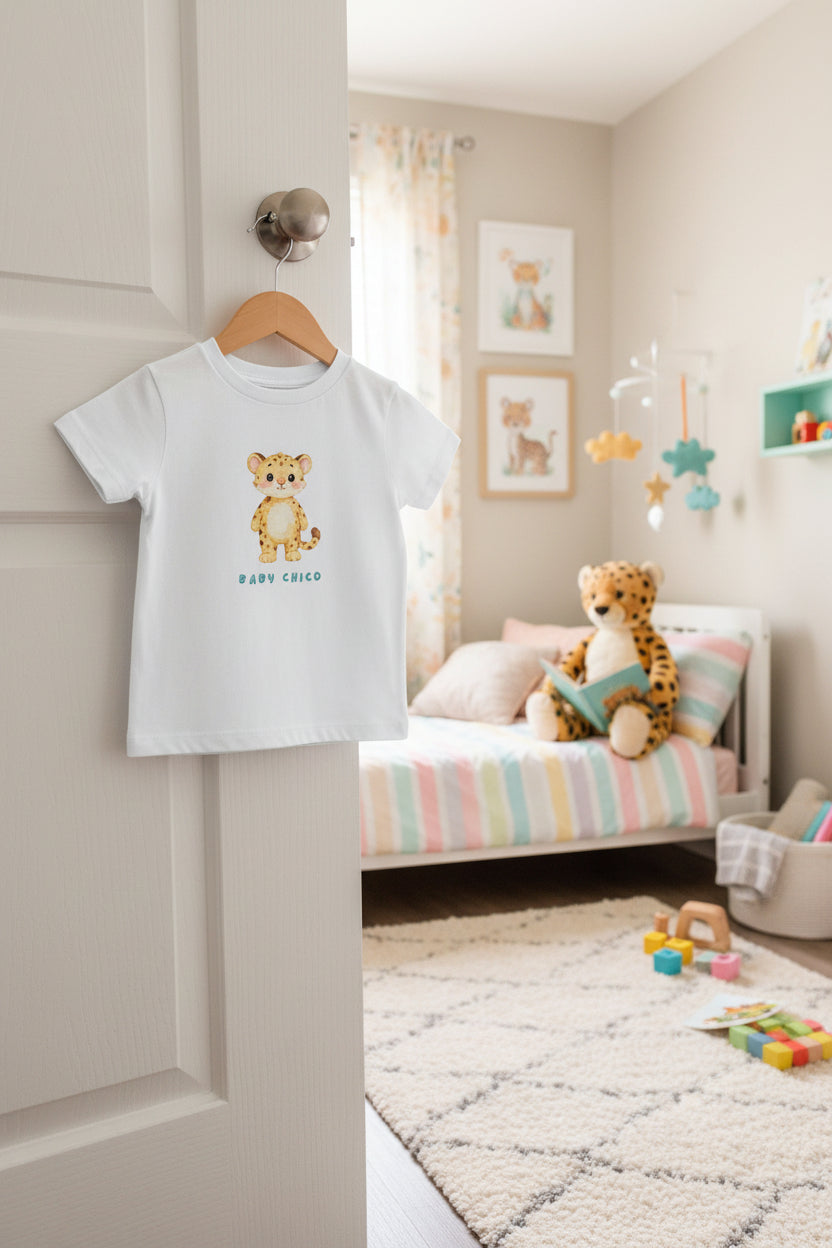 White t-shirt with a cartoon tiger design and 'Baby Chico' text on a white background