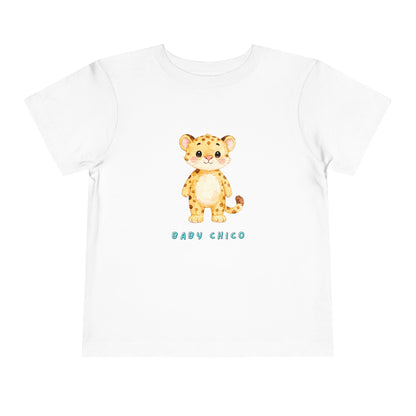 White t-shirt with a cartoon tiger design and 'Baby Chico' text on a white background