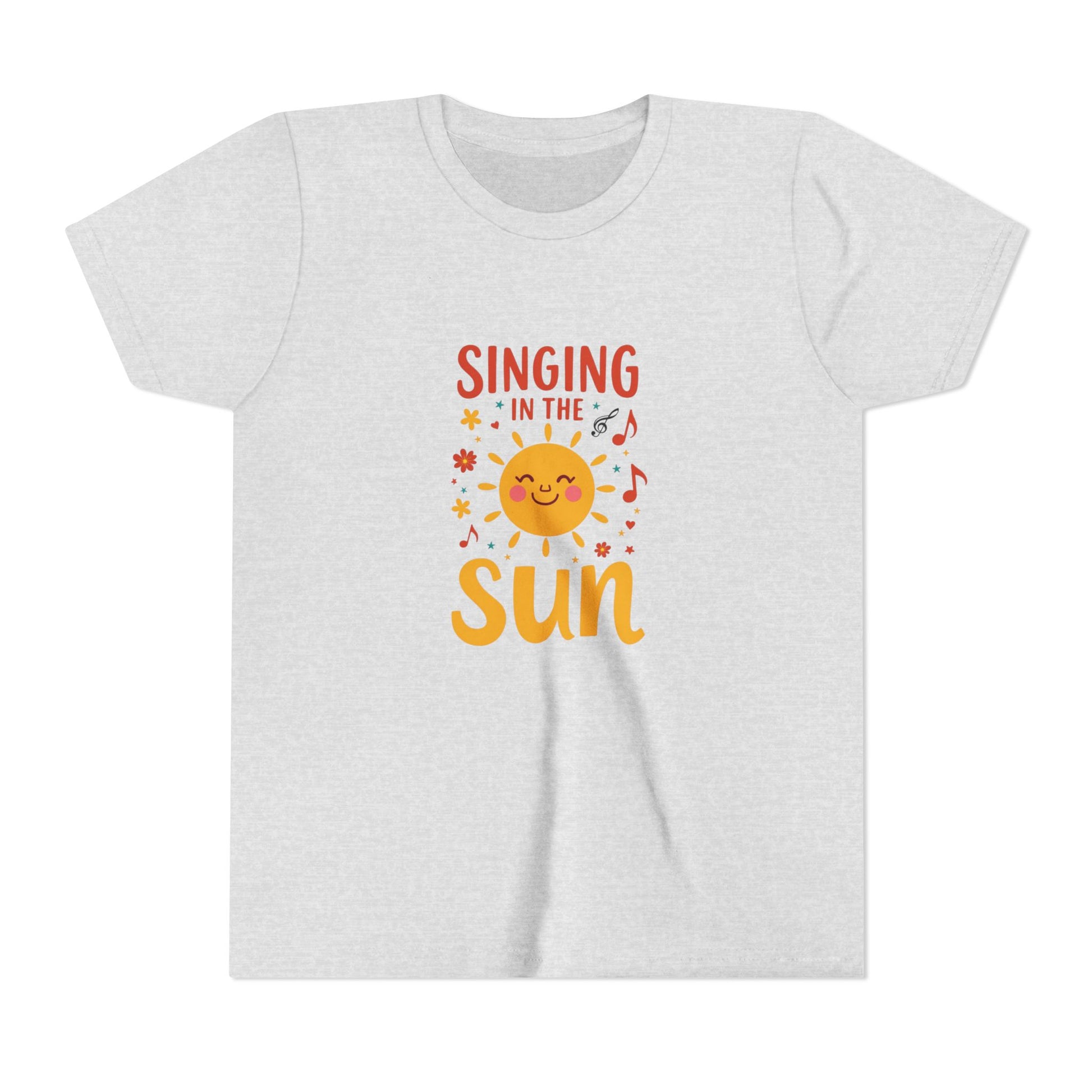 White t-shirt with 'Singing in the Sun' graphic design on a white background
