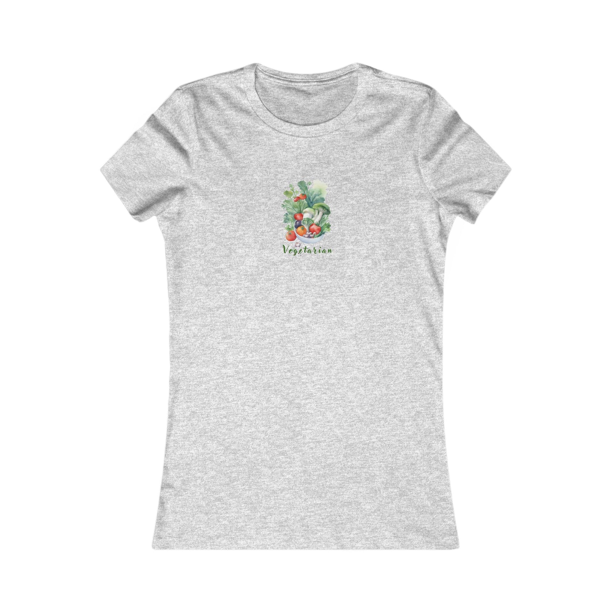 Ash  t-shirt with a printed bowl of vegetables.