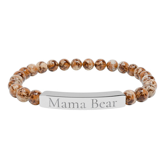 Engraved Natural Stone Stretch Bracelet — ‘Mama Bear’ Bar Beaded Bracelet