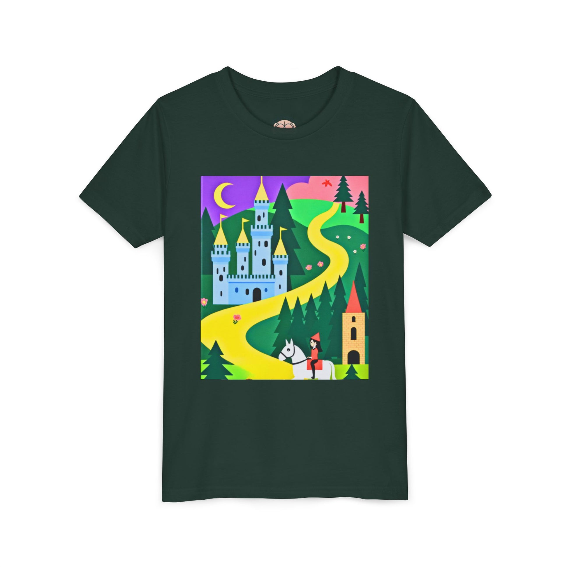 Dark green t-shirt with a colorful graphic of a castle and path on a white background