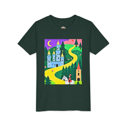 Dark green t-shirt with a colorful graphic of a castle and path on a white background