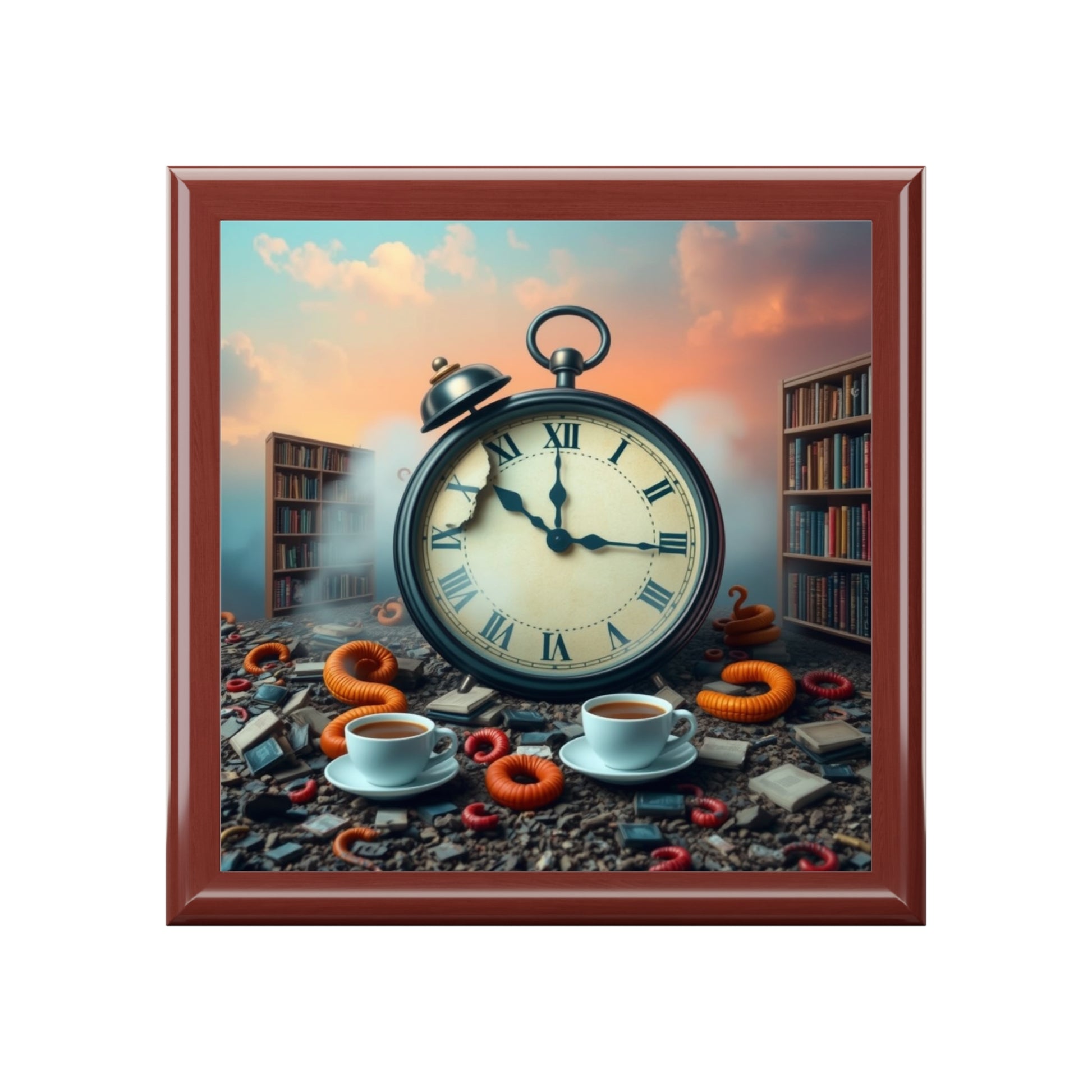 Jewelry box with framed artwork with a large clock, books, and coffee cups on a textured surface.