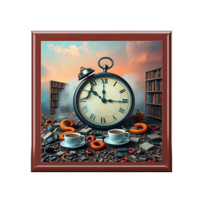 Jewelry box with framed artwork with a large clock, books, and coffee cups on a textured surface.