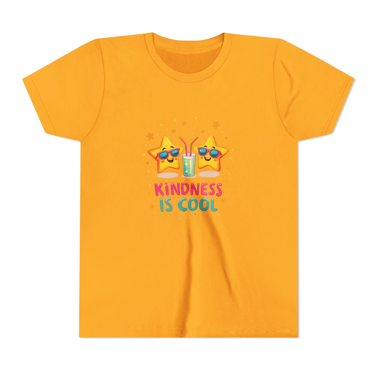 Yellow gold t-shirt with cartoon characters and 'Kindness is Cool' text on a white background