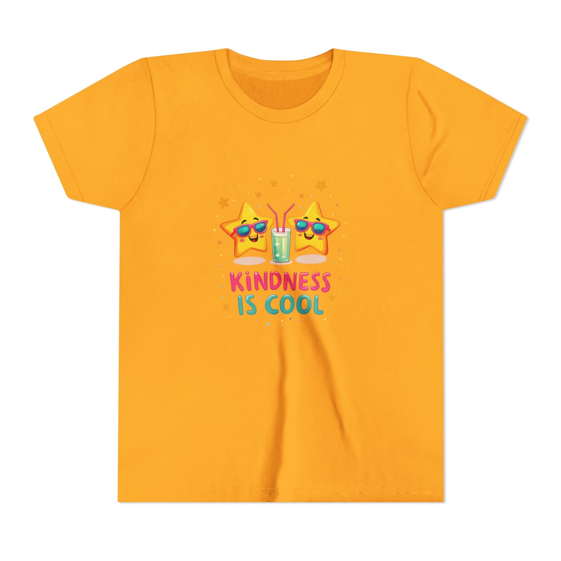 Yellow gold t-shirt with cartoon characters and 'Kindness is Cool' text on a white background