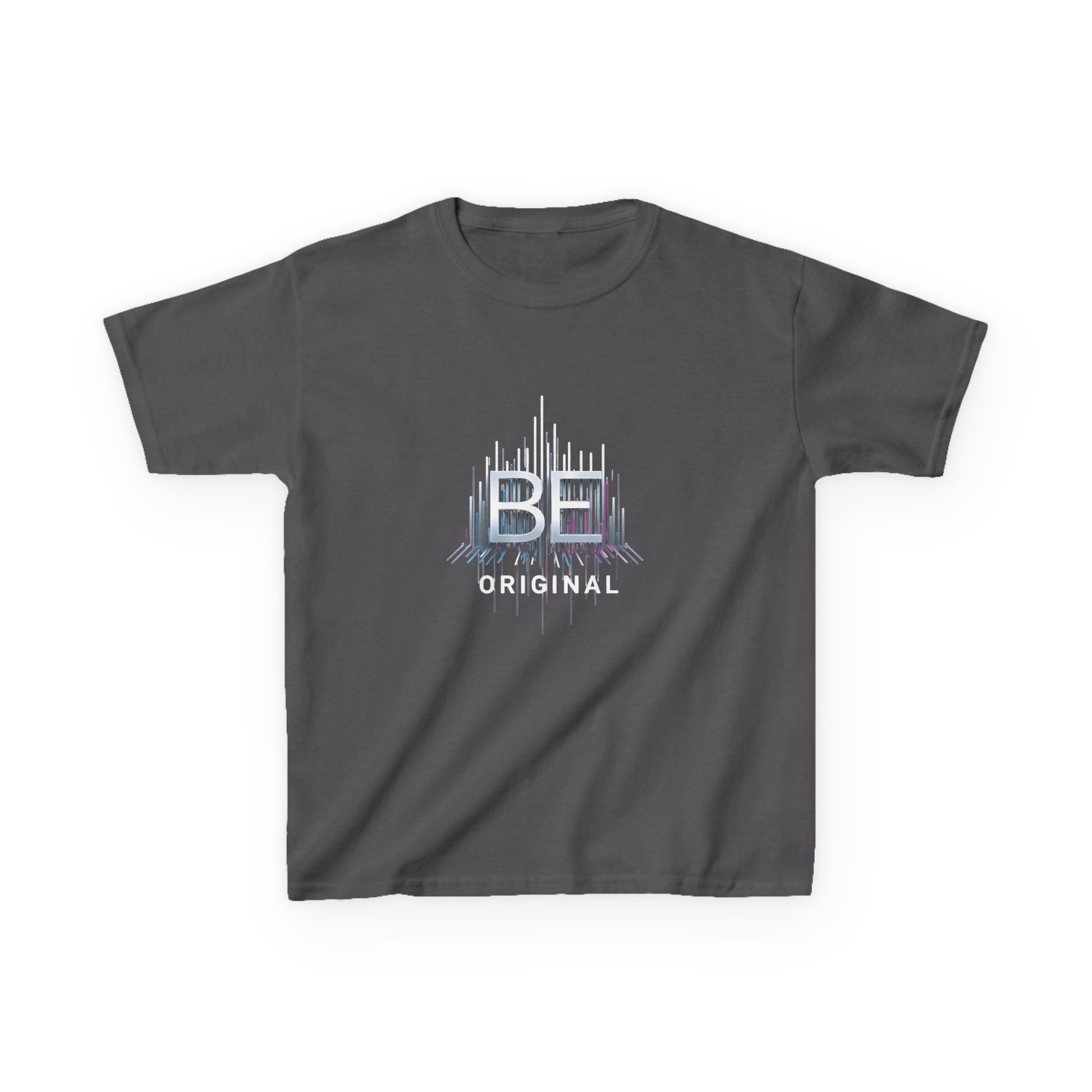 Charcoal grey tee with test "Be original" with spiked line graphics.