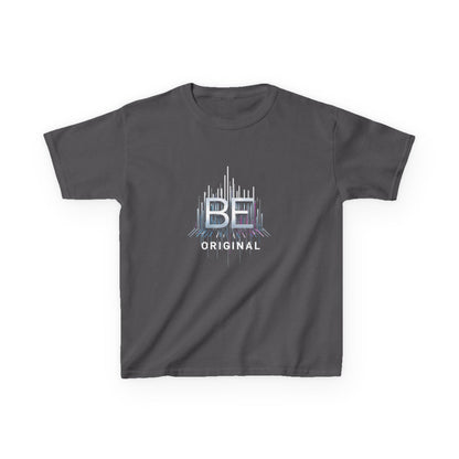 Charcoal grey tee with test "Be original" with spiked line graphics.