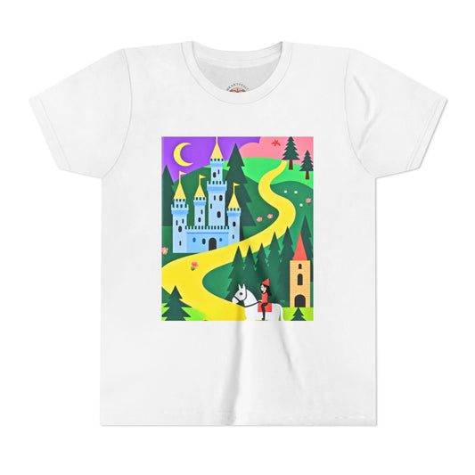 White t-shirt with a colorful graphic of a castle and horse on a white background
