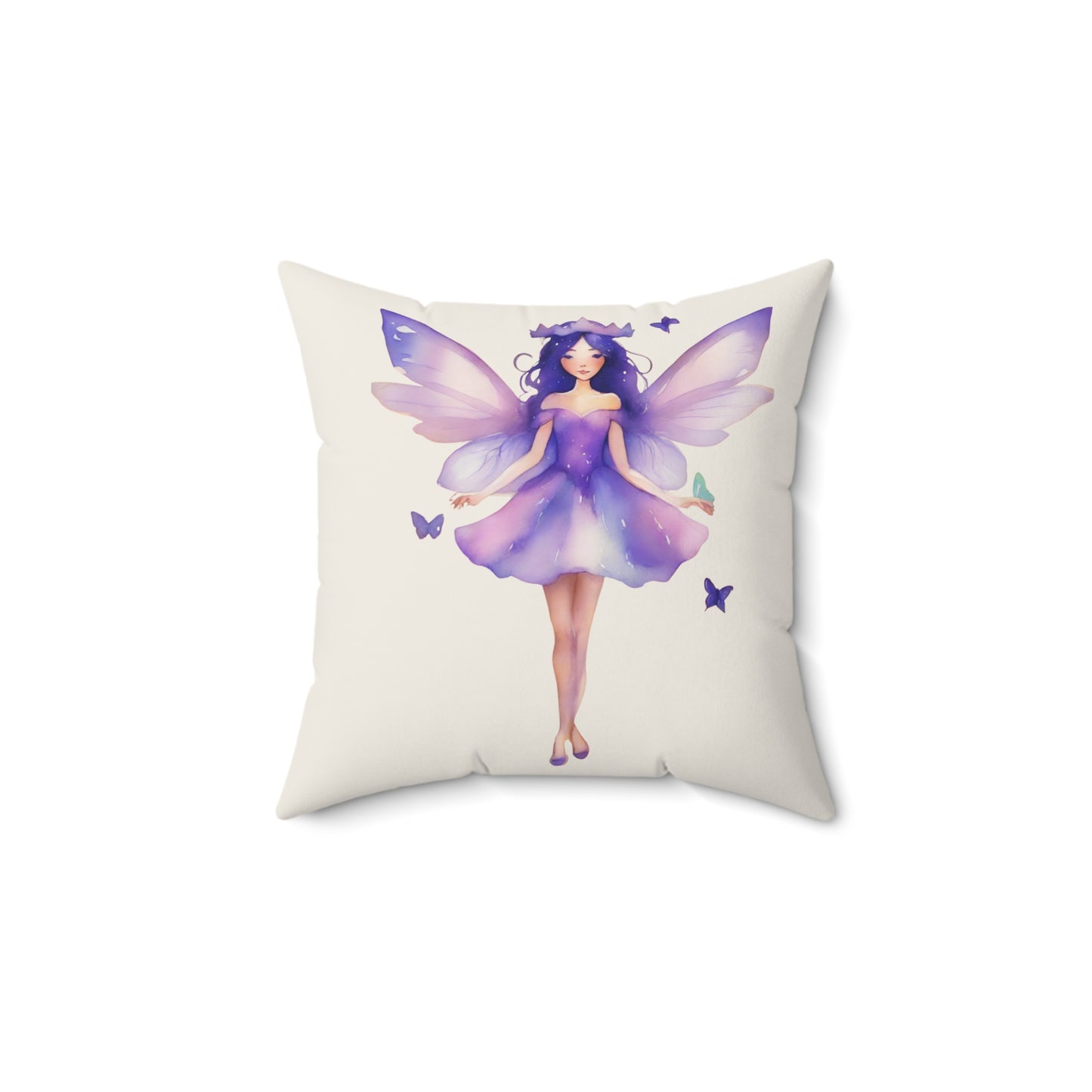 Cream Pillow with a lavender fairy design on a white background