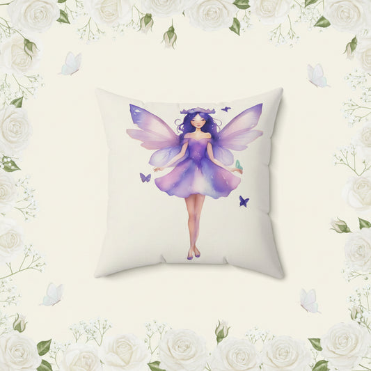 Cream Pillow with a lavender fairy design on a white background
