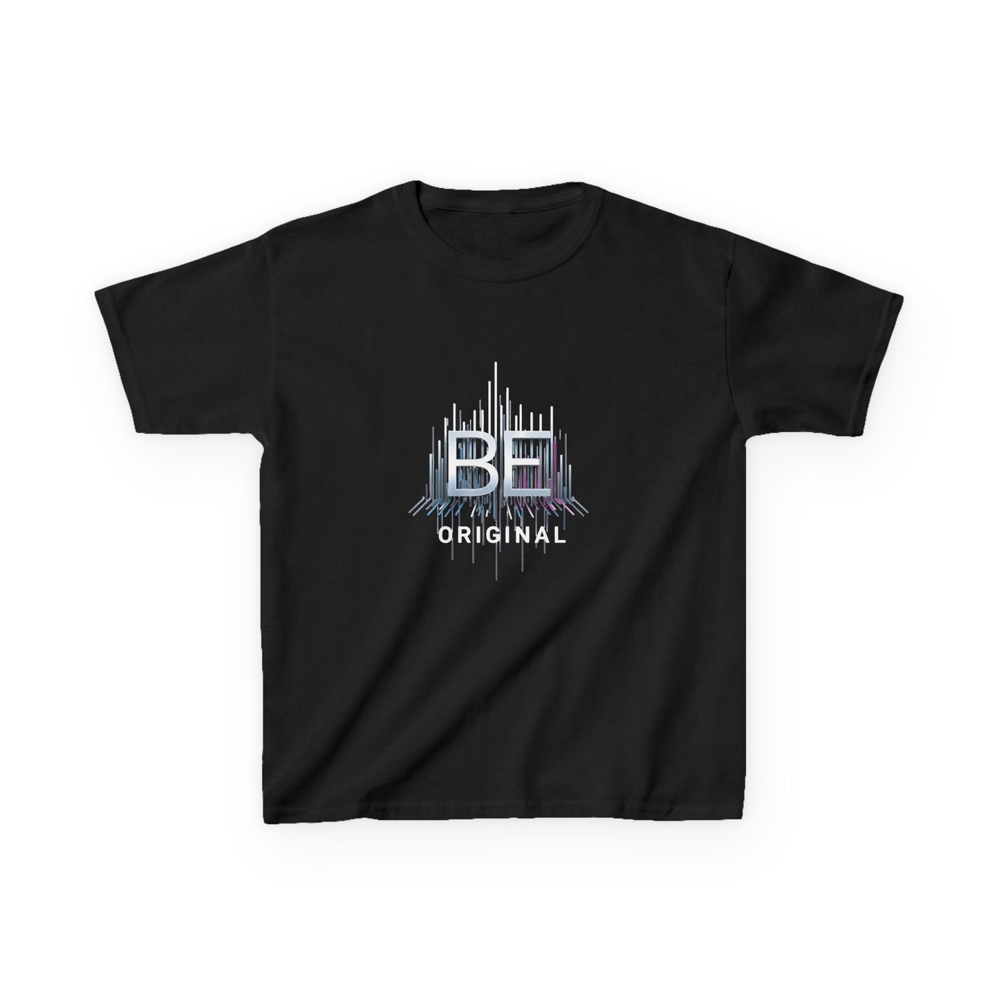 Black t-shirt with 'Be Original' text and print on a white background