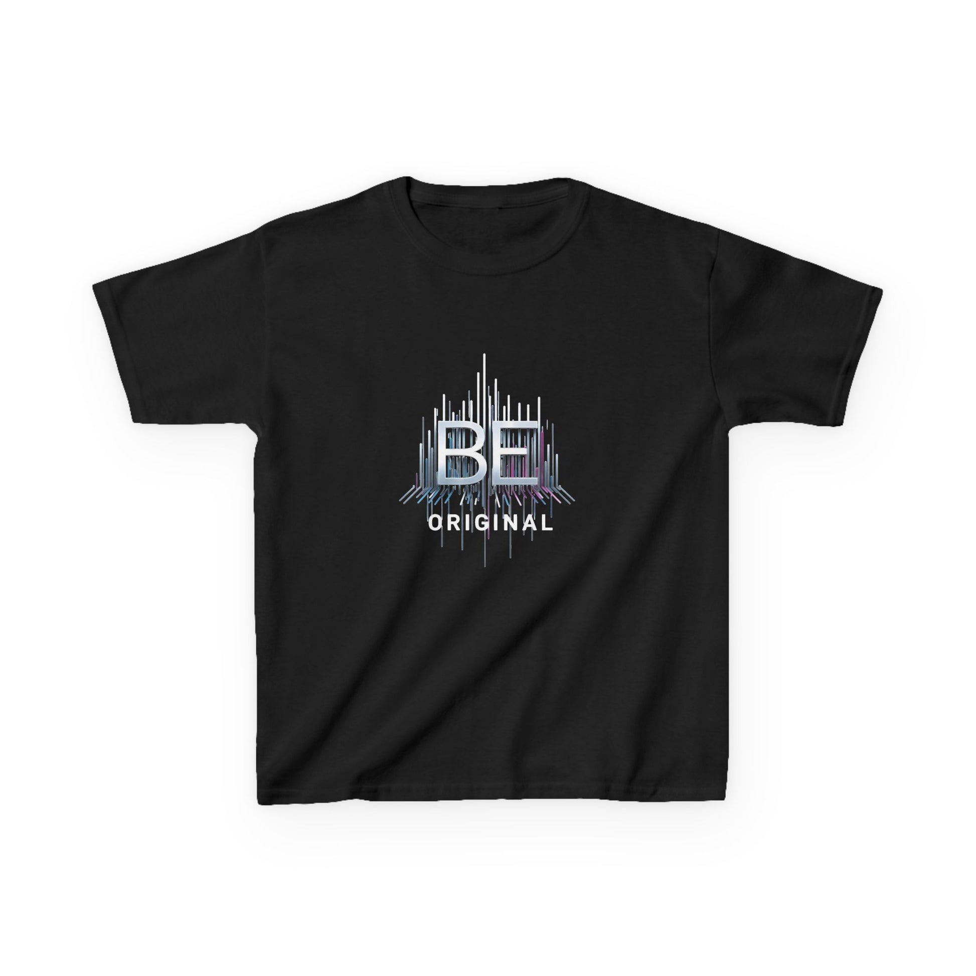 Black t-shirt with 'Be Original' text and print on a white background