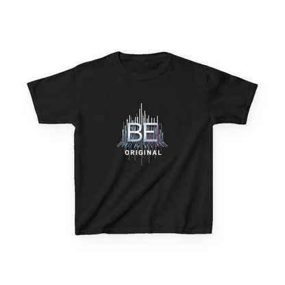 Black t-shirt with 'Be Original' text and print on a white background