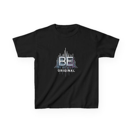 Black t-shirt with 'Be Original' text and print on a white background