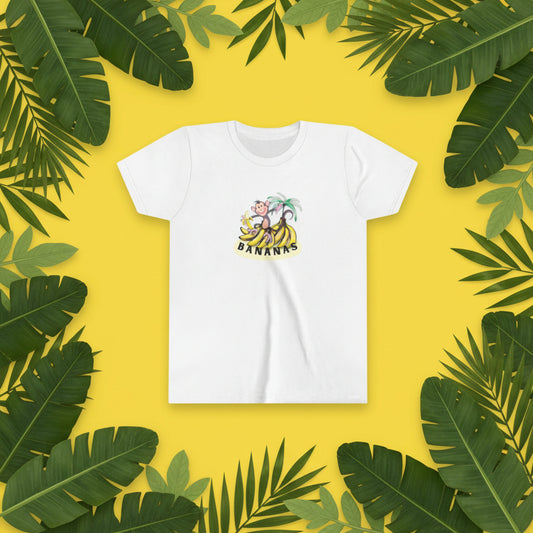 White t-shirt with monkey and bunches of banana on fun cartoon background