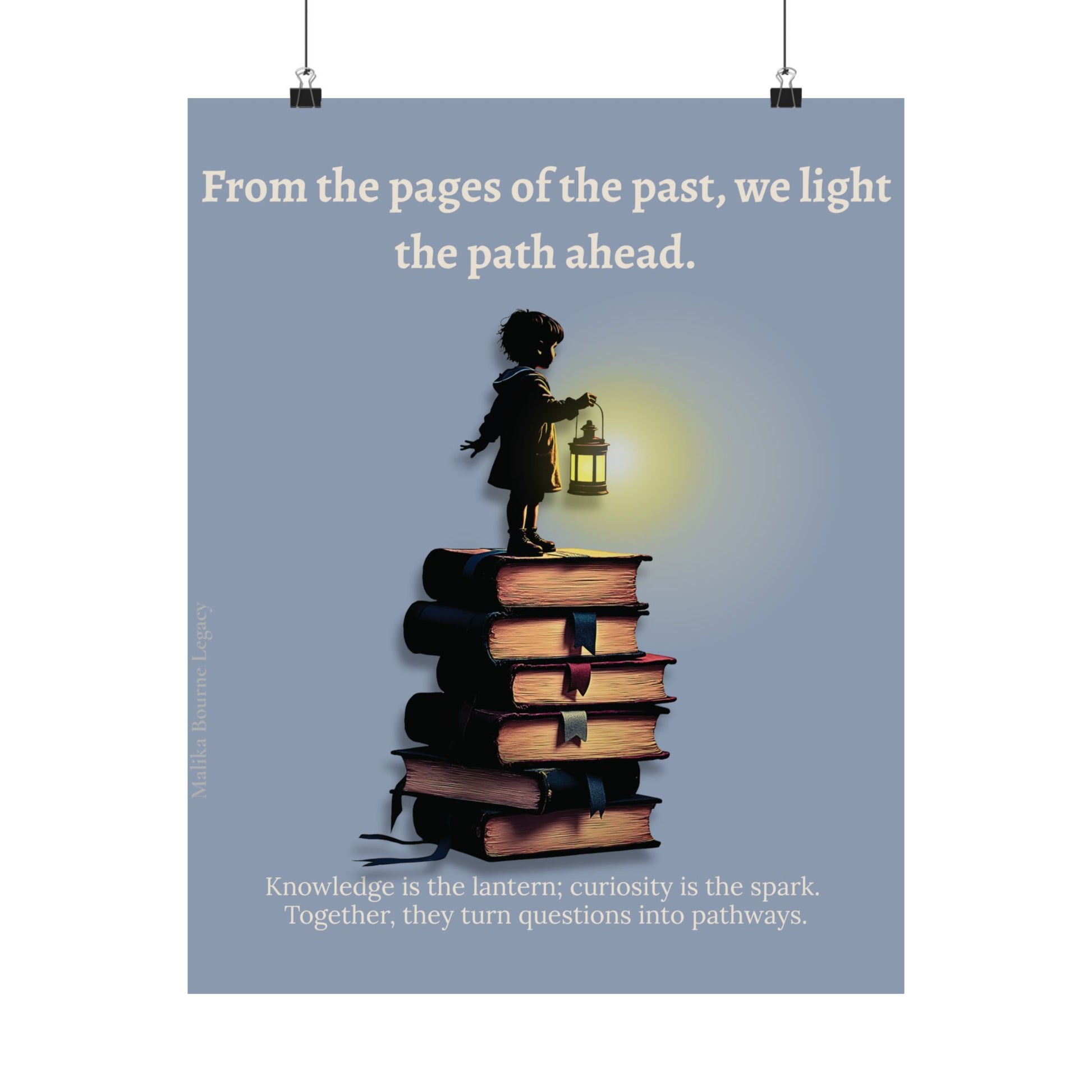 Poster with a silhouette of a child standing on books holding a lantern, against a light blue background with text.