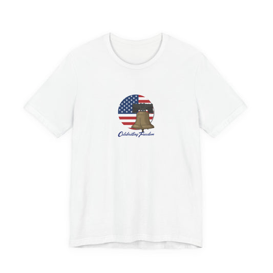 White t-shirt with a graphic design featuring an American flag and text on a white background