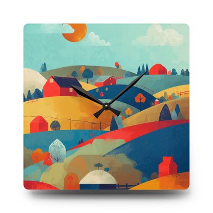 Acrylic Wall Clock — Patchwork Farmland Colorful Landscape Art Timepiece