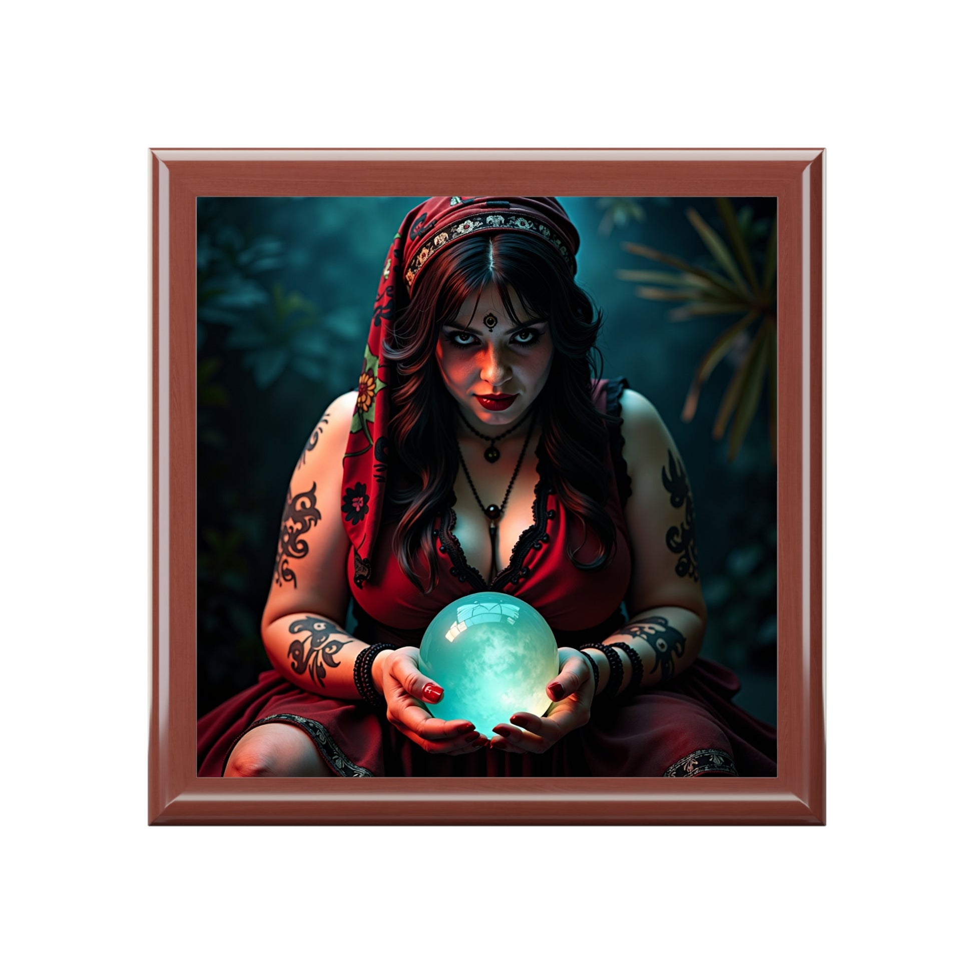 Wood jewelry box with a framed artwork of a woman holding a glowing blue orb with a dark, mystical background.