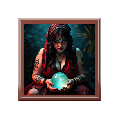 Wood jewelry box with a framed artwork of a woman holding a glowing blue orb with a dark, mystical background.