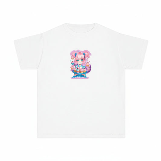 A white short-sleeve crewneck t-shirt featuring a colorful graphic print of a cute anime-style girl with pink hair and a cake on a stand, centered on the chest.