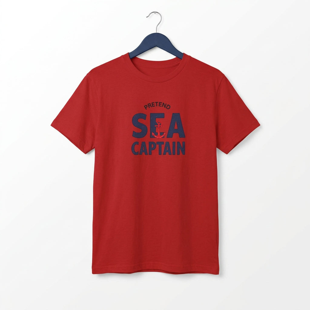 Red t-shirt on a hanger with text that reads Pretend Sea Captain