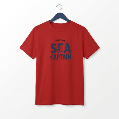Red t-shirt on a hanger with text that reads Pretend Sea Captain