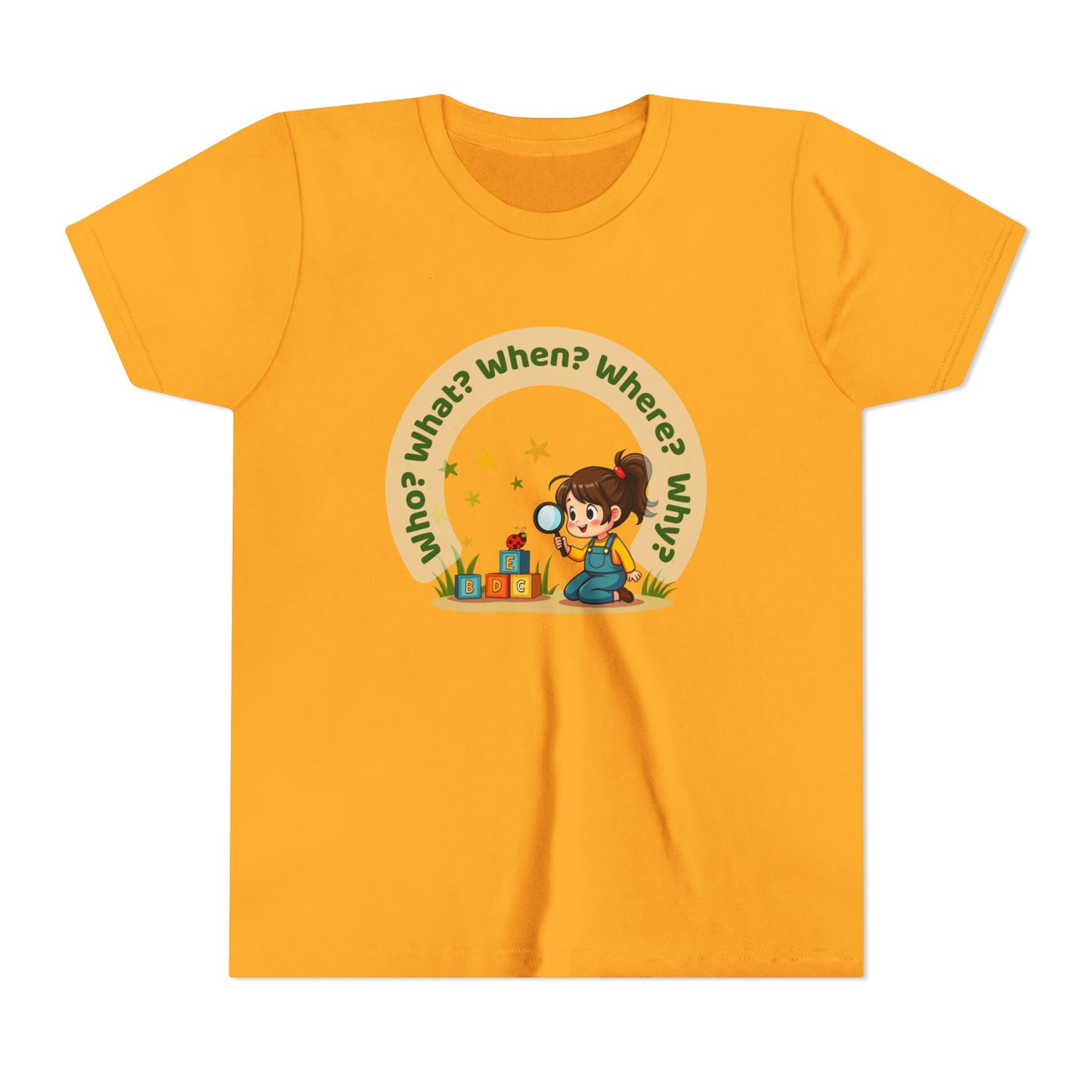 Yellow t-shirt with a graphic of a child and question marks on a white background