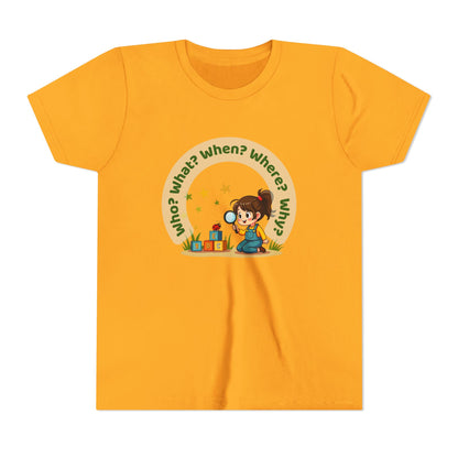 Yellow t-shirt with a graphic of a child and question marks on a white background