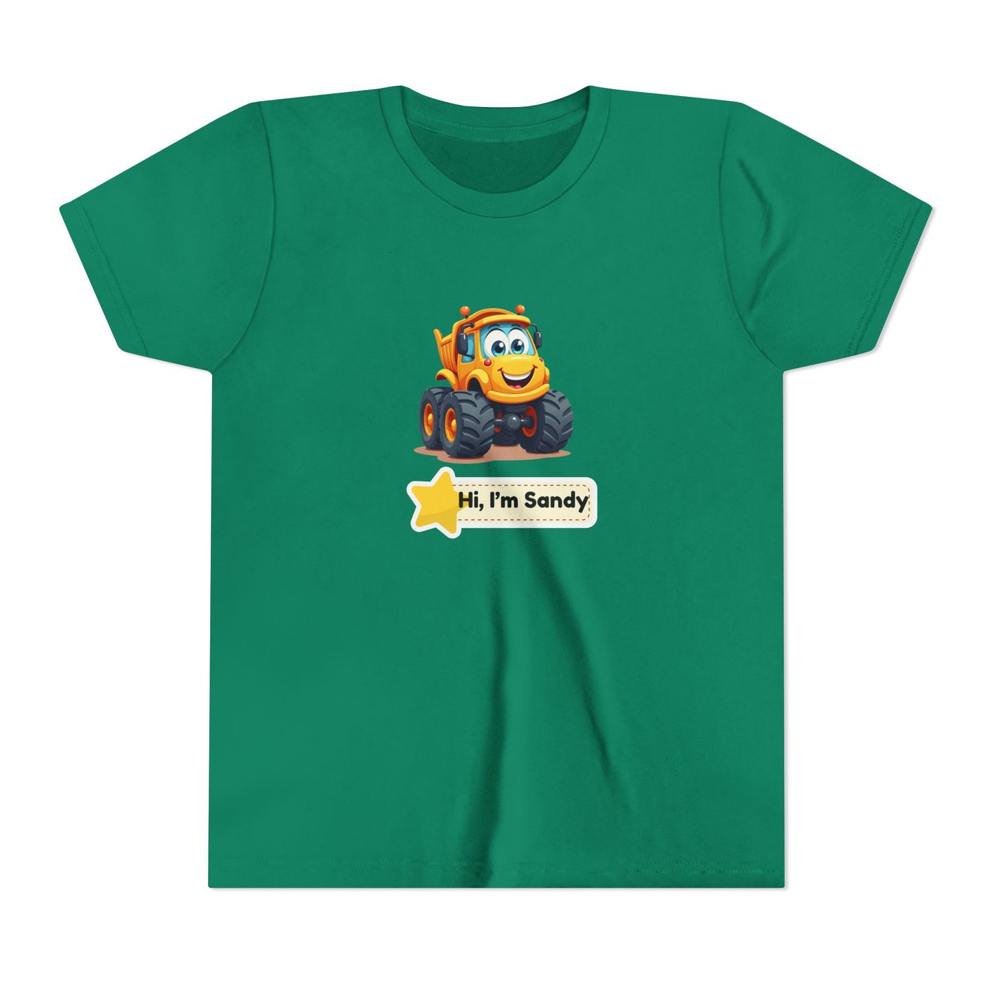 A green short-sleeve kids' t-shirt featuring a cartoon graphic of a yellow monster truck with the text 'Hi, I'm Sandy' on the front, displayed on a clean white background.
