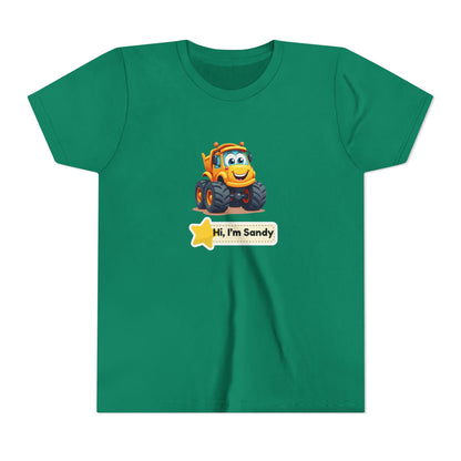 A green short-sleeve kids' t-shirt featuring a cartoon graphic of a yellow monster truck with the text 'Hi, I'm Sandy' on the front, displayed on a clean white background.