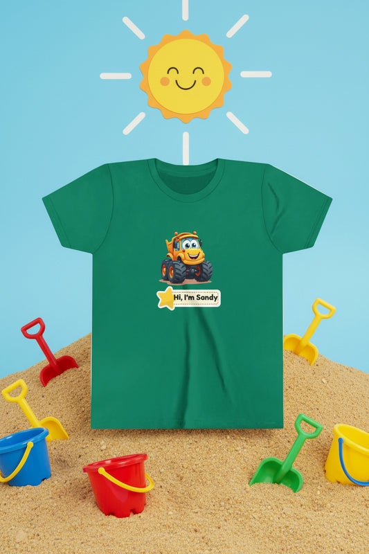 A green short-sleeve kids' t-shirt featuring a cartoon graphic of a yellow monster truck with the text 'Hi, I'm Sandy' on the front, displayed on a clean white background.