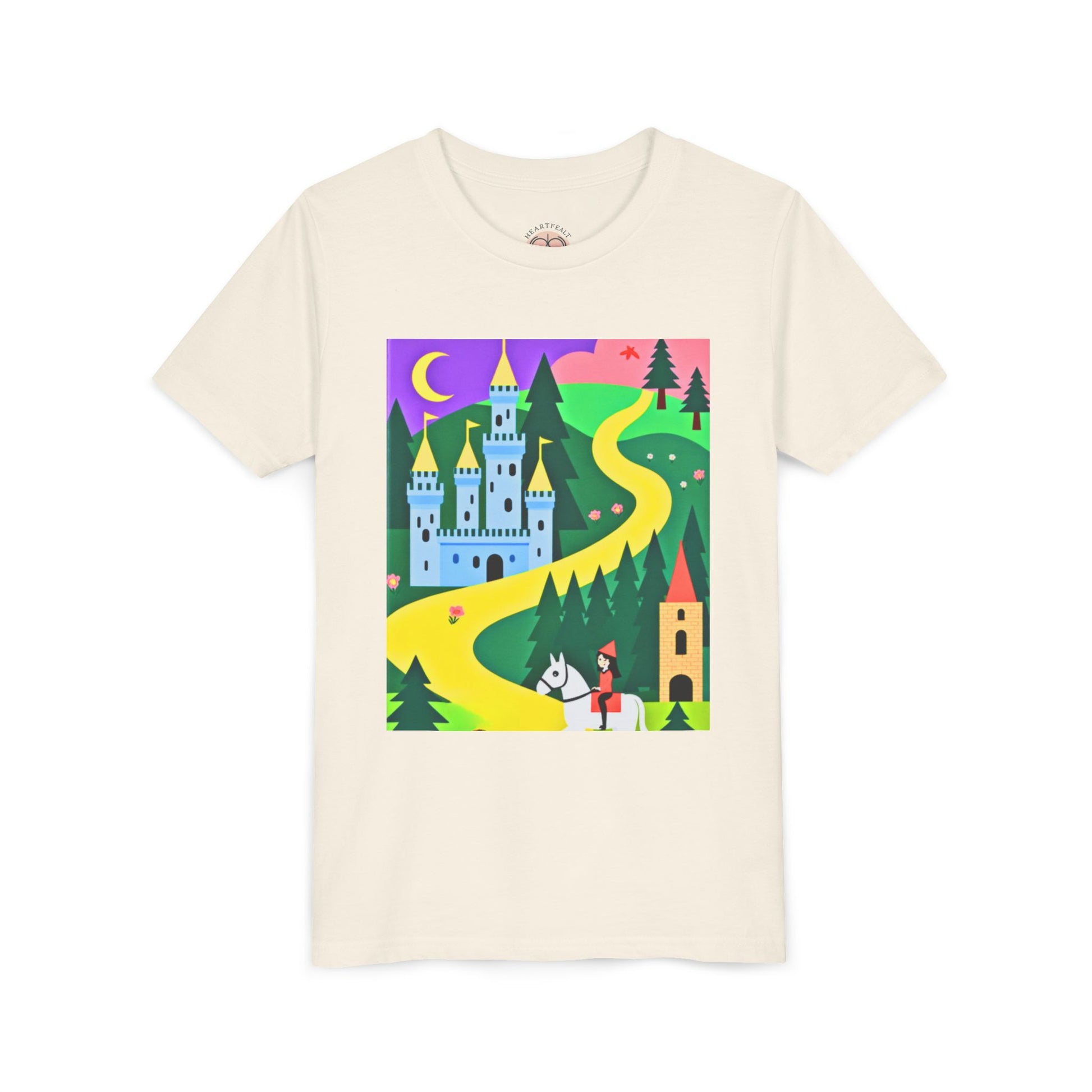 Beige t-shirt with a colorful graphic of a castle and landscape on a white background